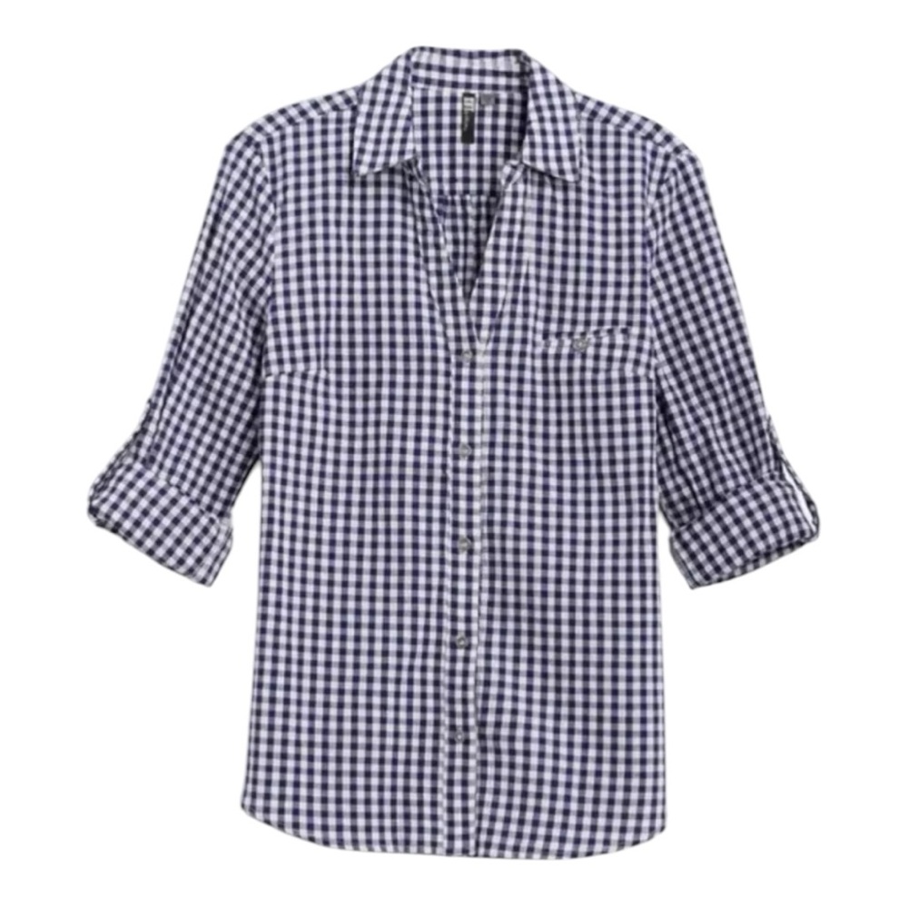 Kut From The Kloth Feena ButtonUp Roll Tab Textured Gingham Top Size M Navy Blue